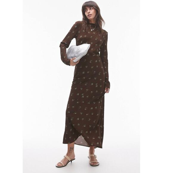 NEW Topshop Brown Ditsy Floral Print Satin Slip Long Sleeve Slim Maxi Dress Sz 2 - Picture 1 of 9
